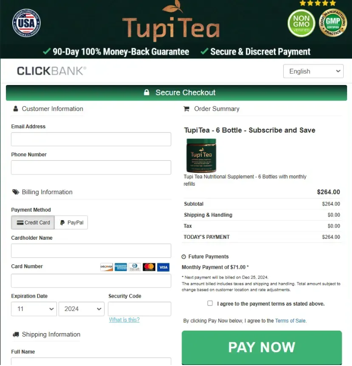 Tupi Tea Secure Payment Checkout Screen